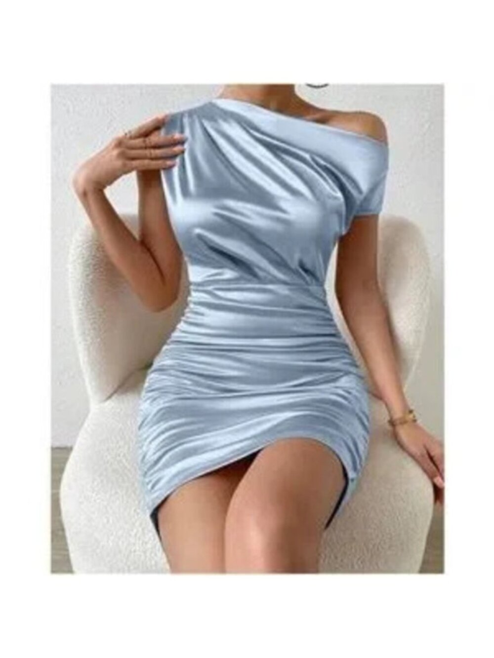 Luxe ice Blue Satin One Shoulder Evening Party Mini Dress